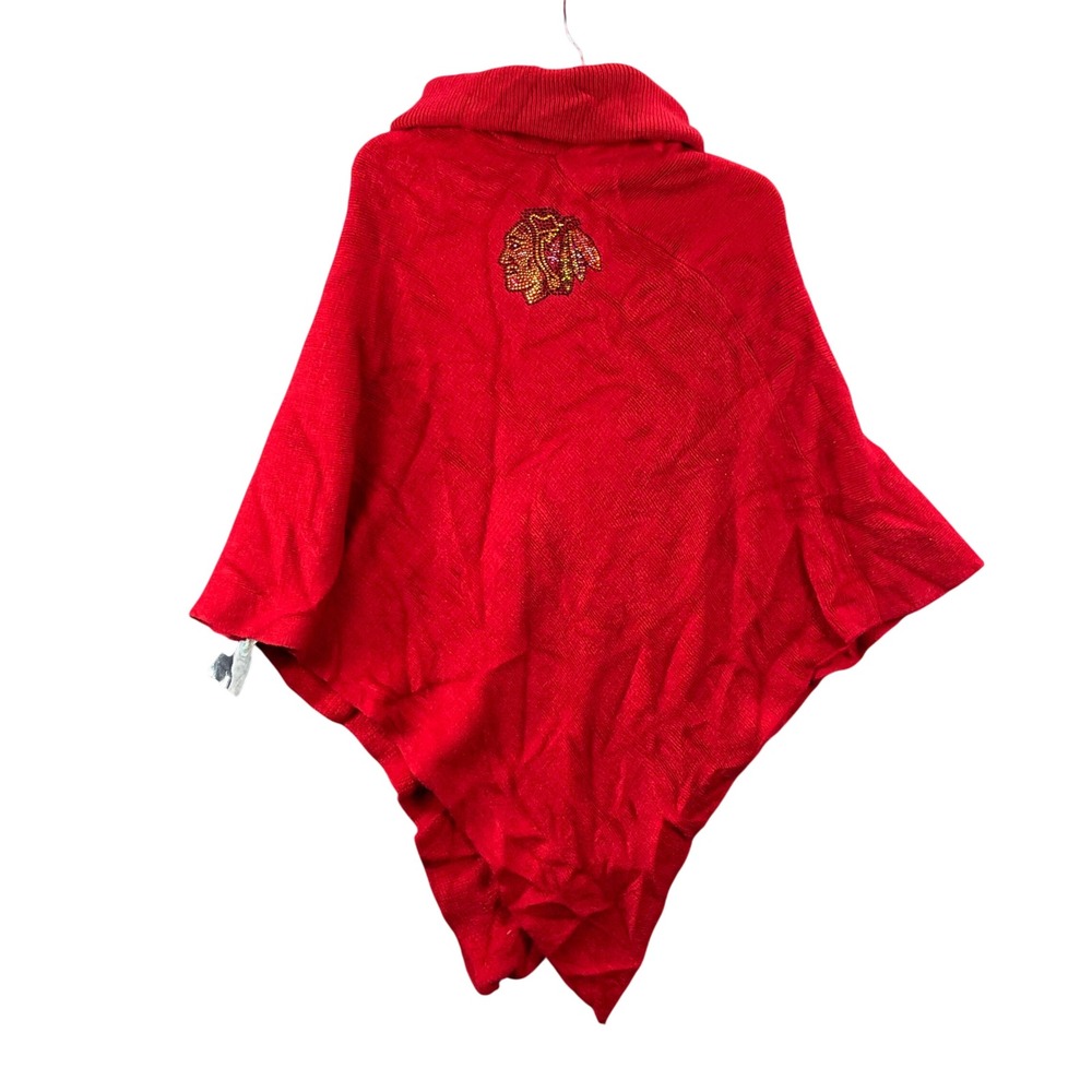 NHL Chicago Blackhawks Poncho Womens OS Red Crystal Knit Rhinestone Logo Sweater